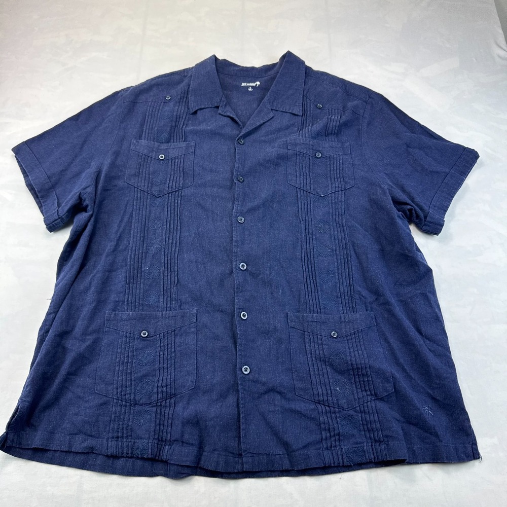 KS Island Shirt Mens 2XL Blue Pintuck Pleated Short Sleeve Collared Button-Up